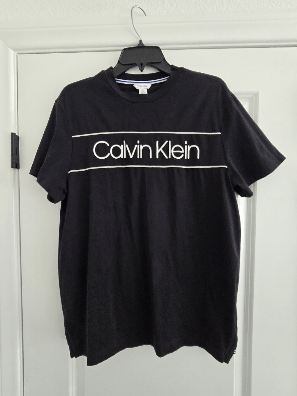 Calvin Klein Black T-Shirt with White Logo Stripe Size Medium Men's